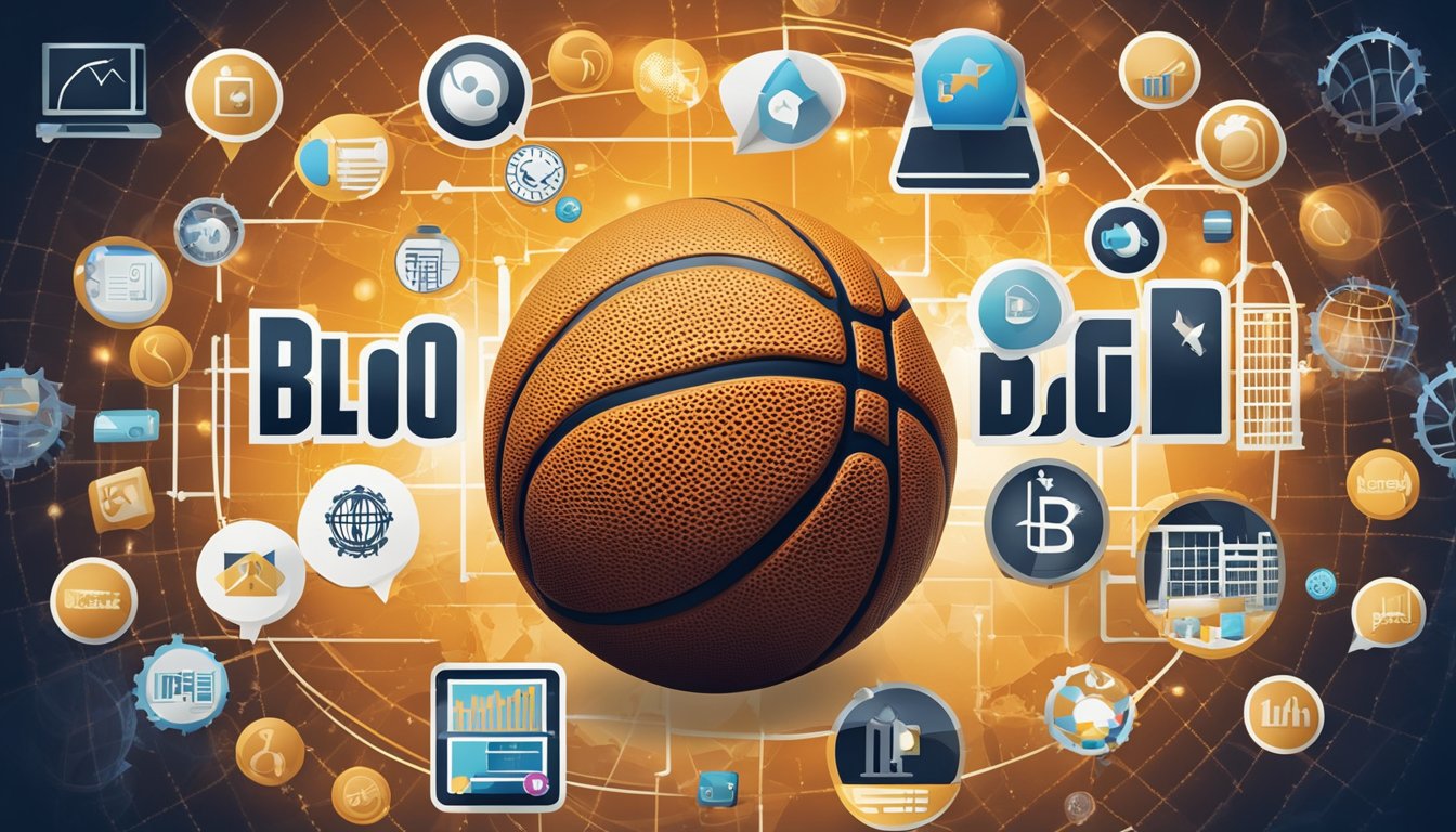 A basketball with a blog logo on it, surrounded by SEO keywords and a monetization graph, all on a vibrant background