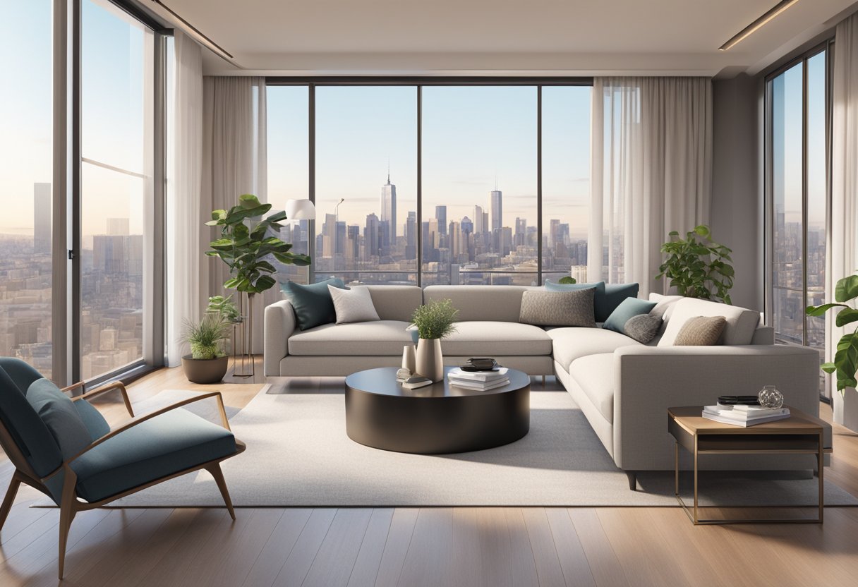 A modern condo interior with sleek furniture, neutral color palette, and large windows overlooking a city skyline