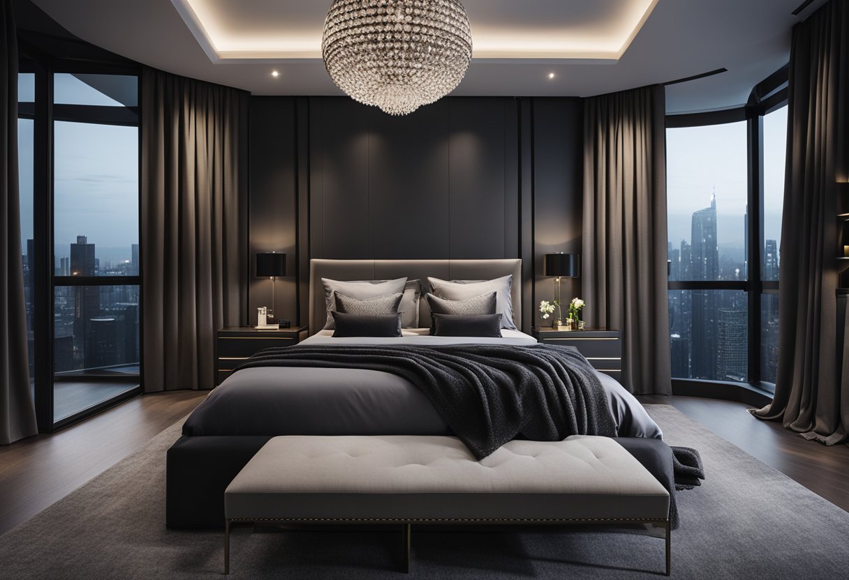 A dark grey bedroom with sleek modern furniture, a plush throw rug, and ambient lighting from a contemporary chandelier and bedside lamps