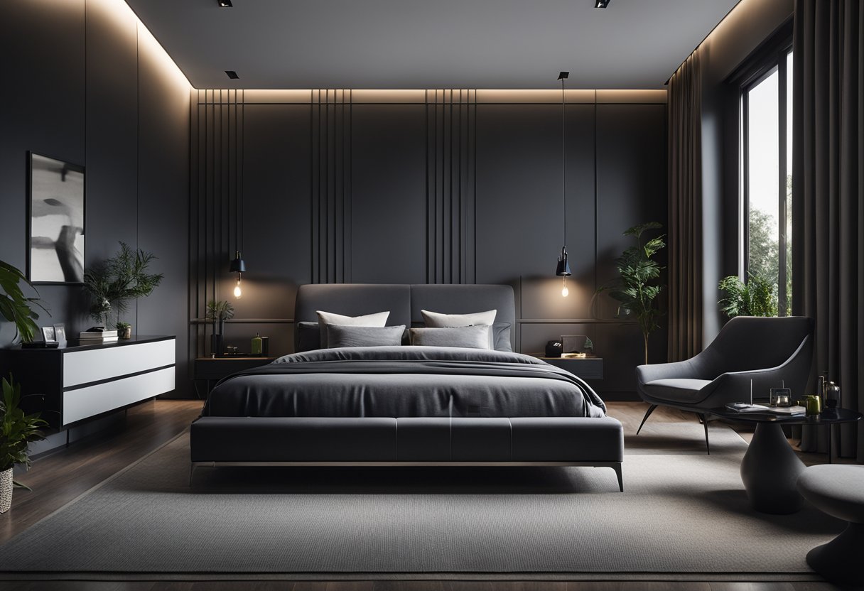 A dark grey bedroom with modern furniture, minimalistic decor, and soft lighting