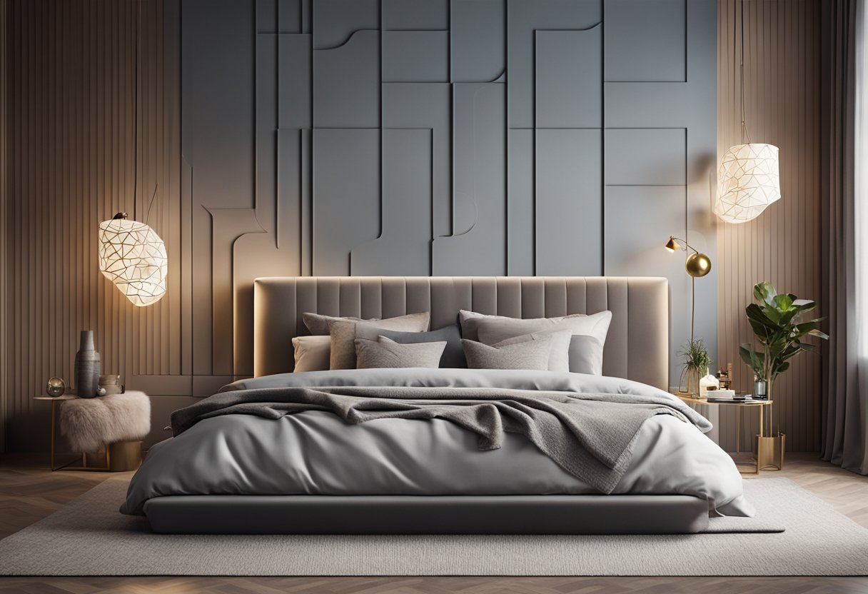 A cozy bedroom with a large, plush bed against a feature wall with a bold, geometric wallpaper. A soft, fluffy rug lies on the floor, and a stylish bedside table holds a modern lamp