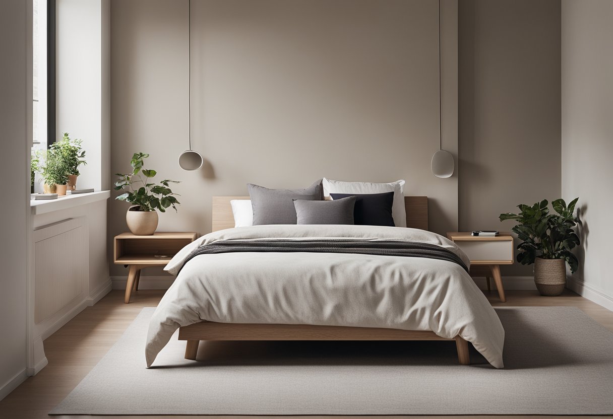 A small, minimalist bedroom with simple furniture and neutral colors. Clean lines and uncluttered surfaces create a sense of spaciousness in the compact room