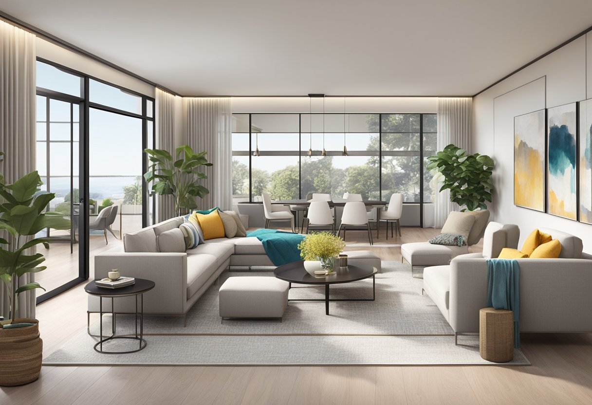 A modern condo living room with neutral colors, sleek furniture, and pops of color in the decor. Open floor plan with a kitchen island and large windows allowing natural light to fill the space