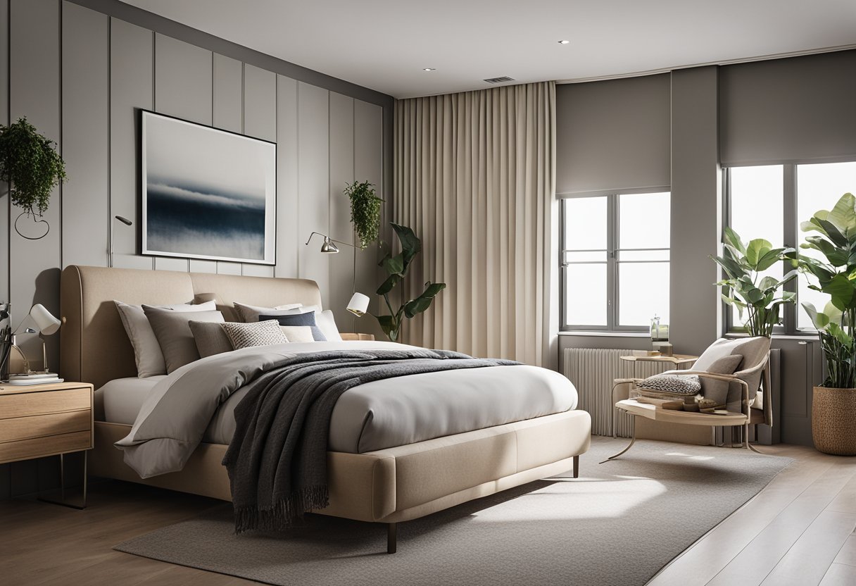 A small bedroom with clean lines and neutral colors. Functional furniture maximizes space. Aesthetics include simple decor and natural light