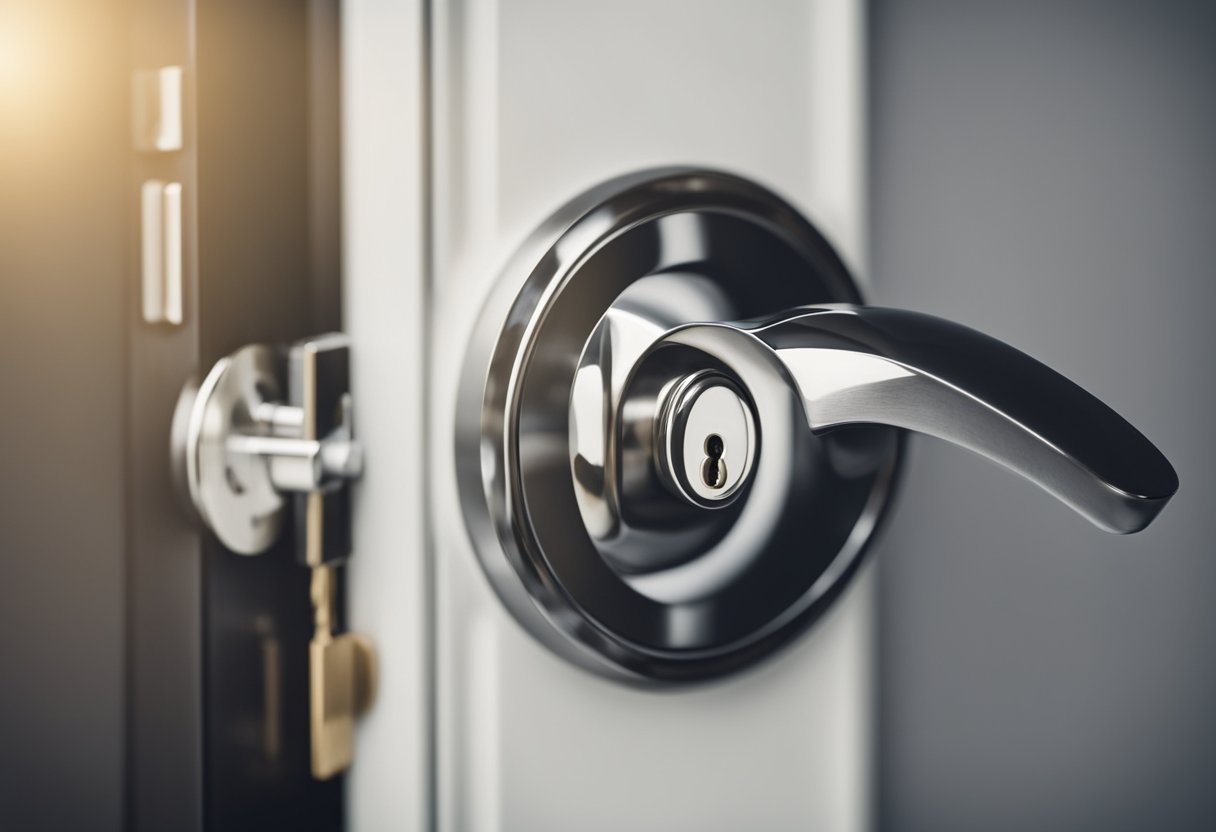 A silver key turning in a sleek, modern bedroom door lock
