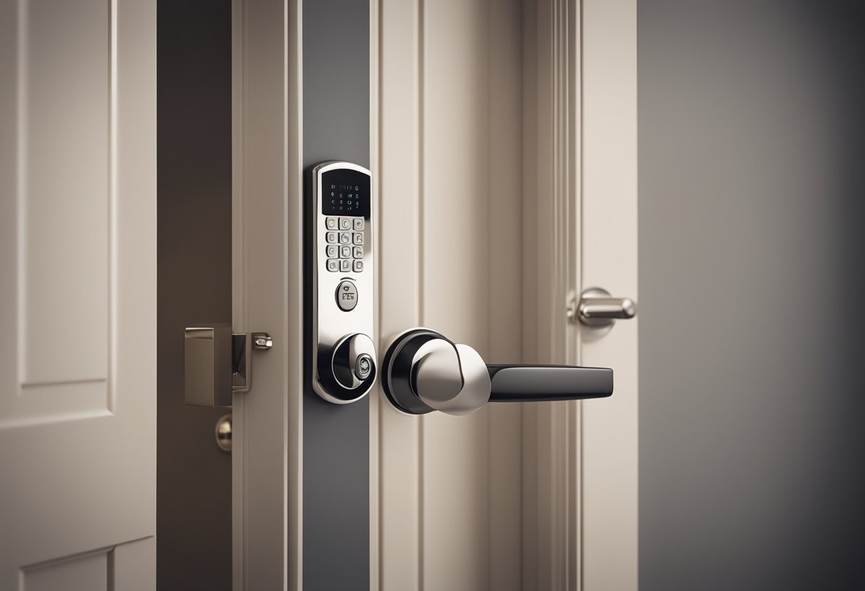 A hand reaches for a sleek, modern bedroom door lock with a keyless entry pad, set against a backdrop of a cozy bedroom interior