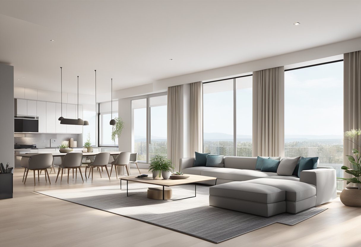 A modern condo interior with sleek furniture, neutral color palette, and clean lines. Large windows let in natural light, highlighting the minimalist design elements and creating a bright, airy atmosphere