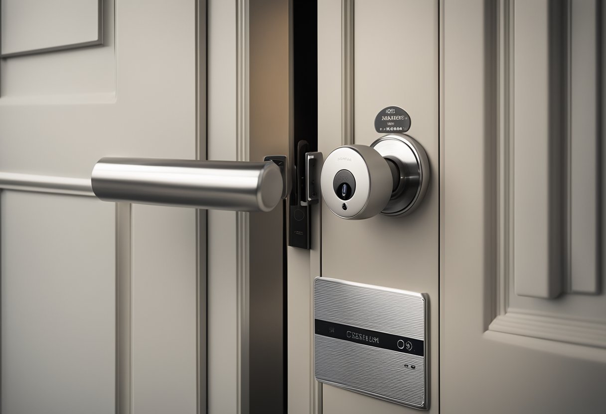 A modern bedroom door with a sleek, keyless lock design and a small, discreet FAQ sticker next to it