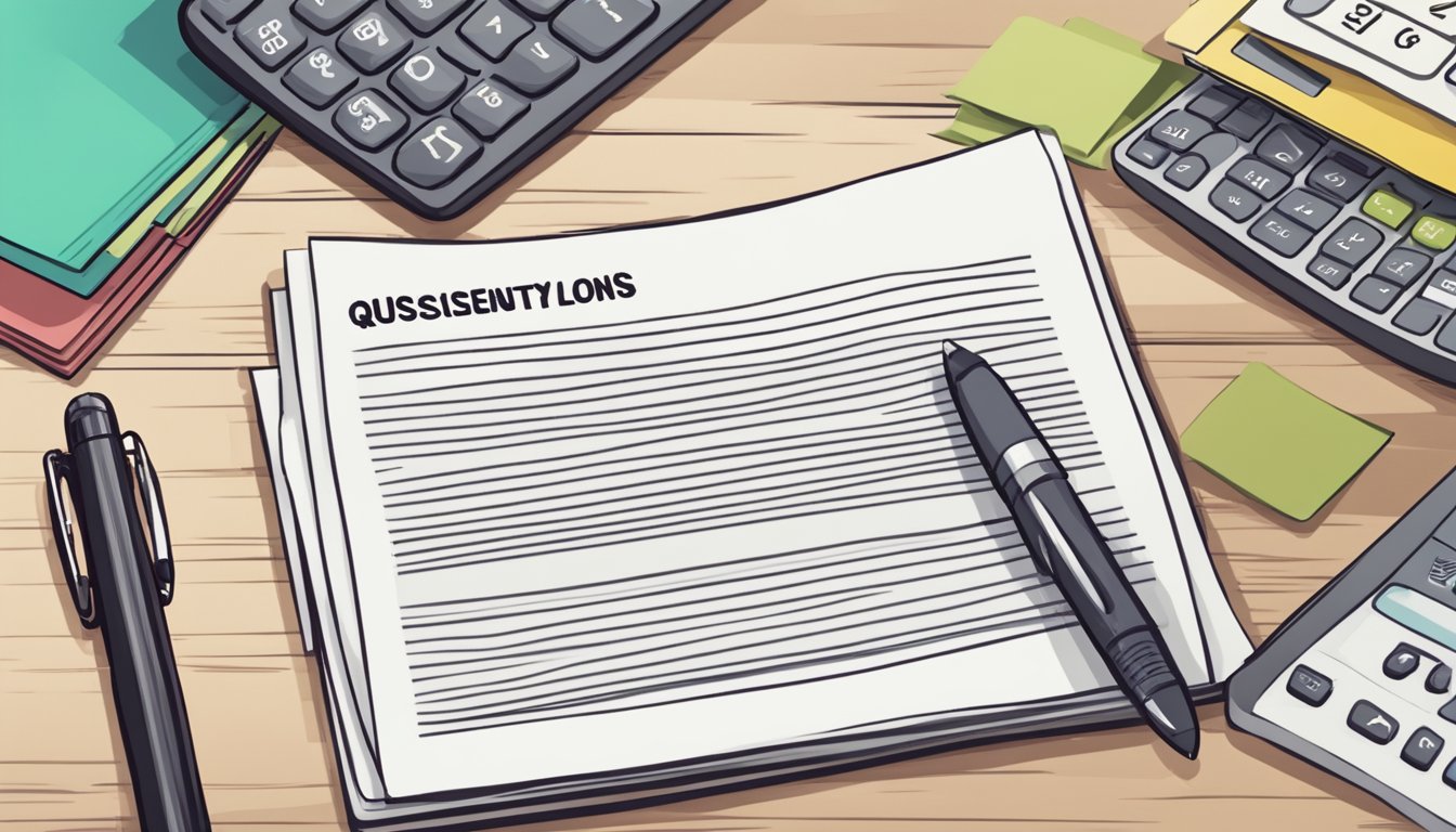 A stack of papers labeled "Frequently Asked Questions unsecured business loans no personal guarantee" sits on a desk, with a pen and calculator nearby