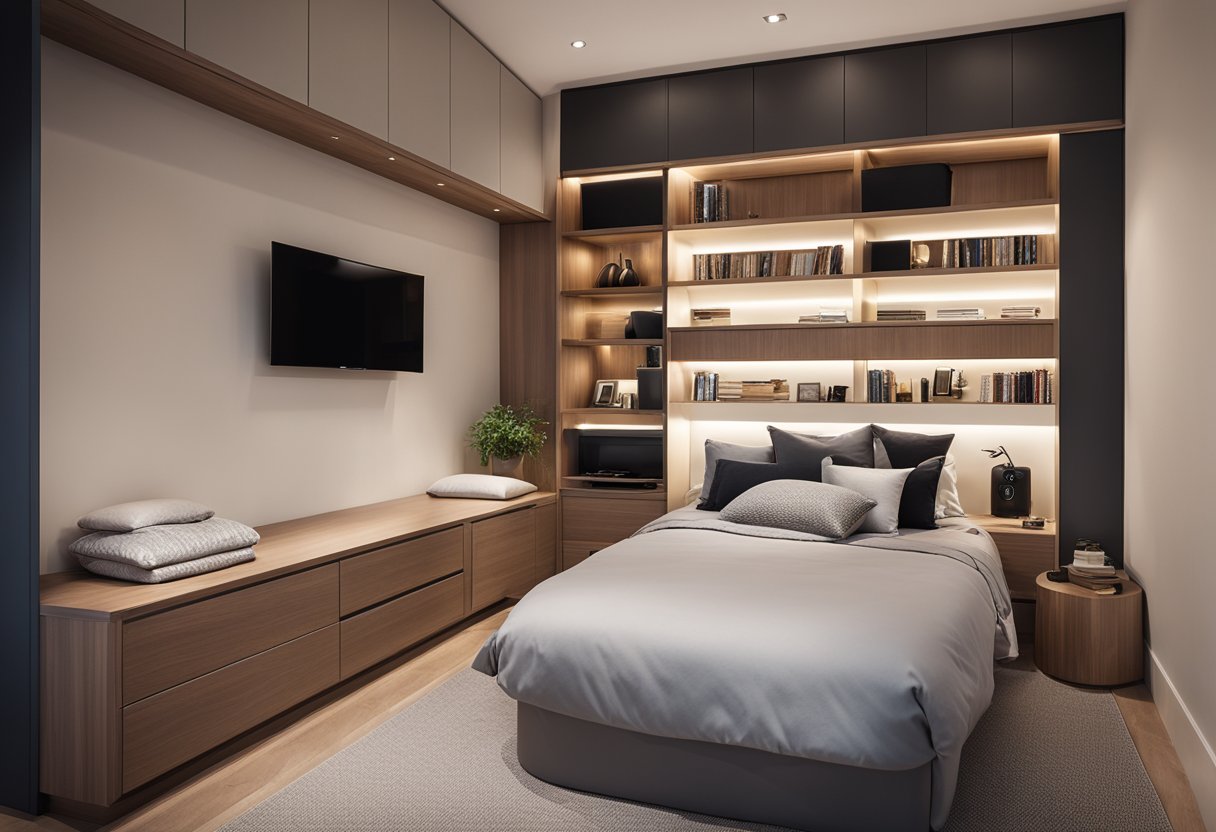 A tidy bedroom with built-in shelves and under-bed storage. A sleek, modern design with space-saving solutions