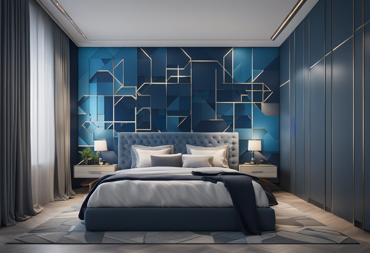 A bedroom with a bold geometric feature wall in shades of blue and gray, accented with metallic elements and soft lighting