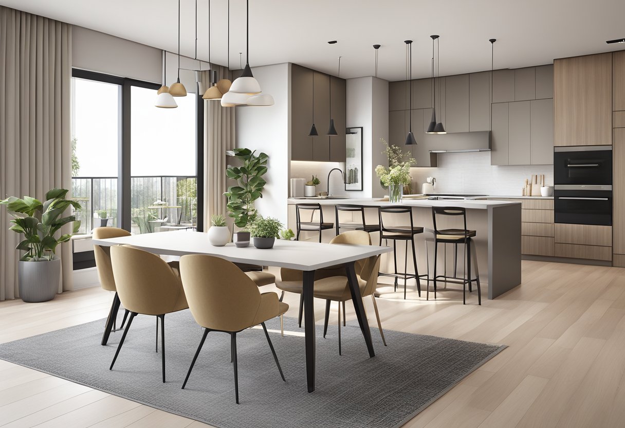 A modern and minimalistic condo interior with sleek furniture, neutral color palette, and plenty of natural light. Open floor plan with a cozy living area, functional kitchen, and a stylish dining space