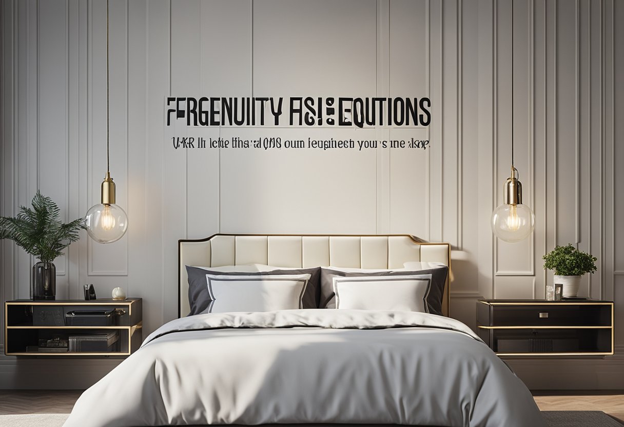 A bedroom wall adorned with a repeating pattern of "Frequently Asked Questions" text in various fonts and sizes