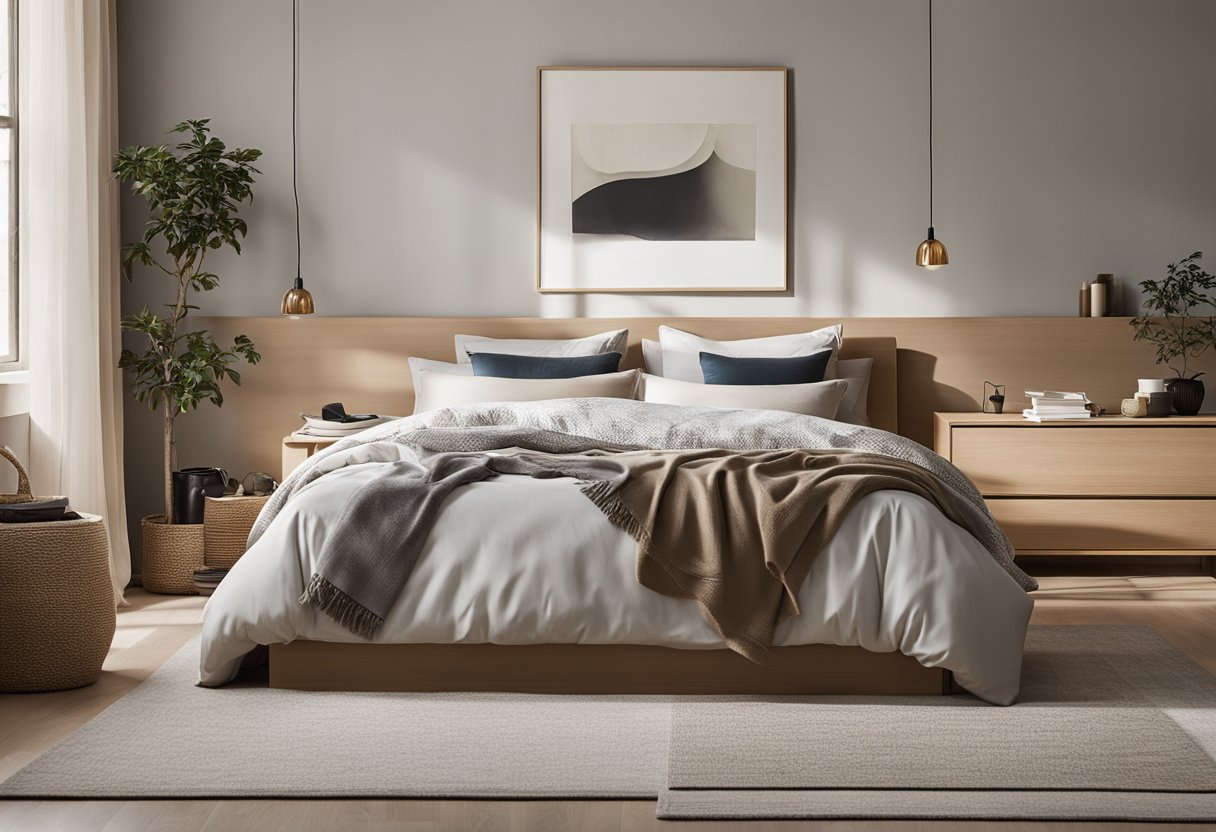 A tidy, uncluttered bedroom with simple, functional furniture. Neutral colors and natural light create a serene atmosphere. Storage solutions maximize space