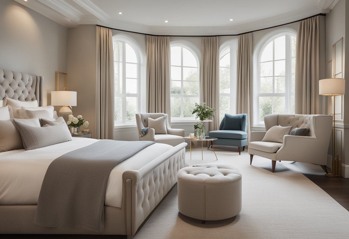 A spacious master bedroom with a king-sized bed, large windows, and a cozy reading nook. Soft, neutral colors and elegant furniture create a serene and luxurious atmosphere