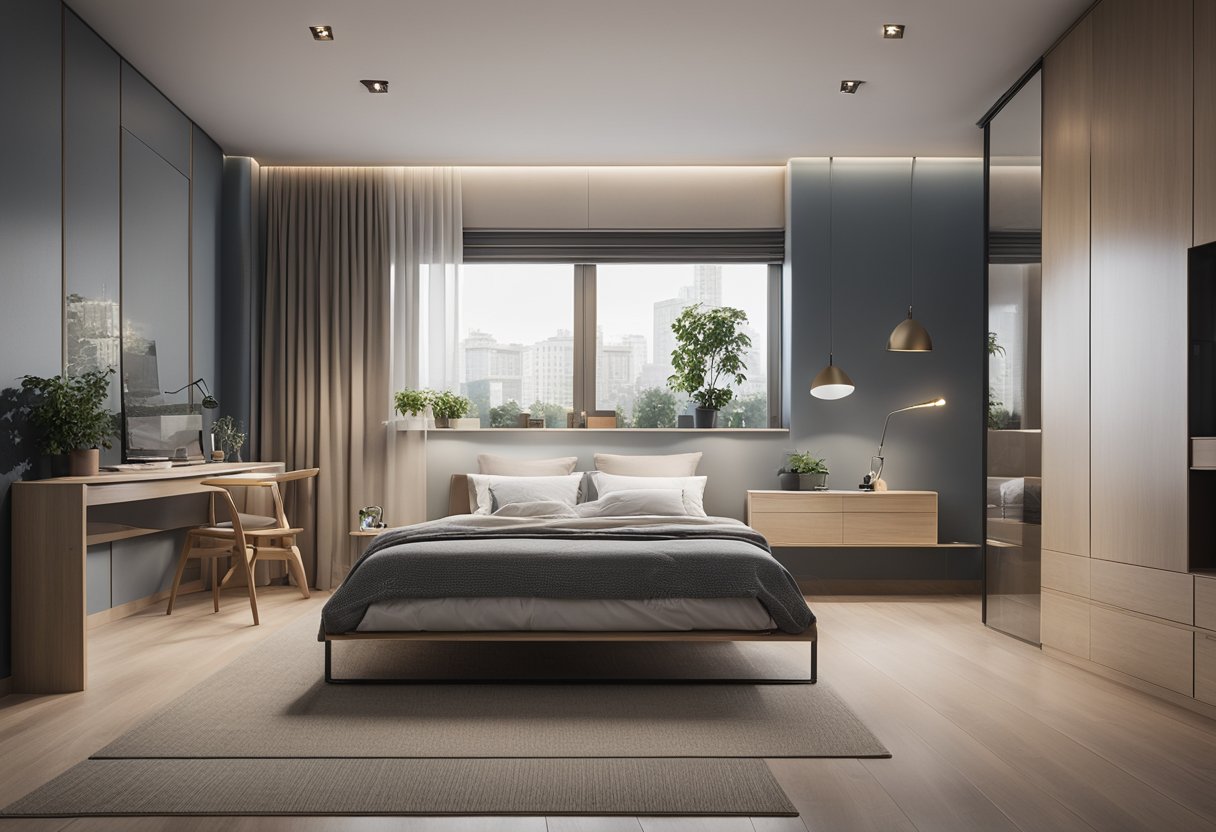 A small, minimalist bedroom with clever space-saving solutions and clean, simple design