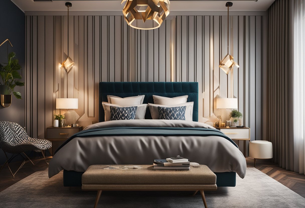 A cozy bedroom with a bold feature wall, adorned with a geometric pattern or textured wallpaper, complemented by warm accent lighting