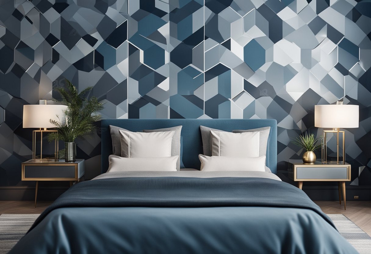 A bedroom with geometric wallpaper in shades of blue and gray, with metallic accents and a sleek, minimalist design