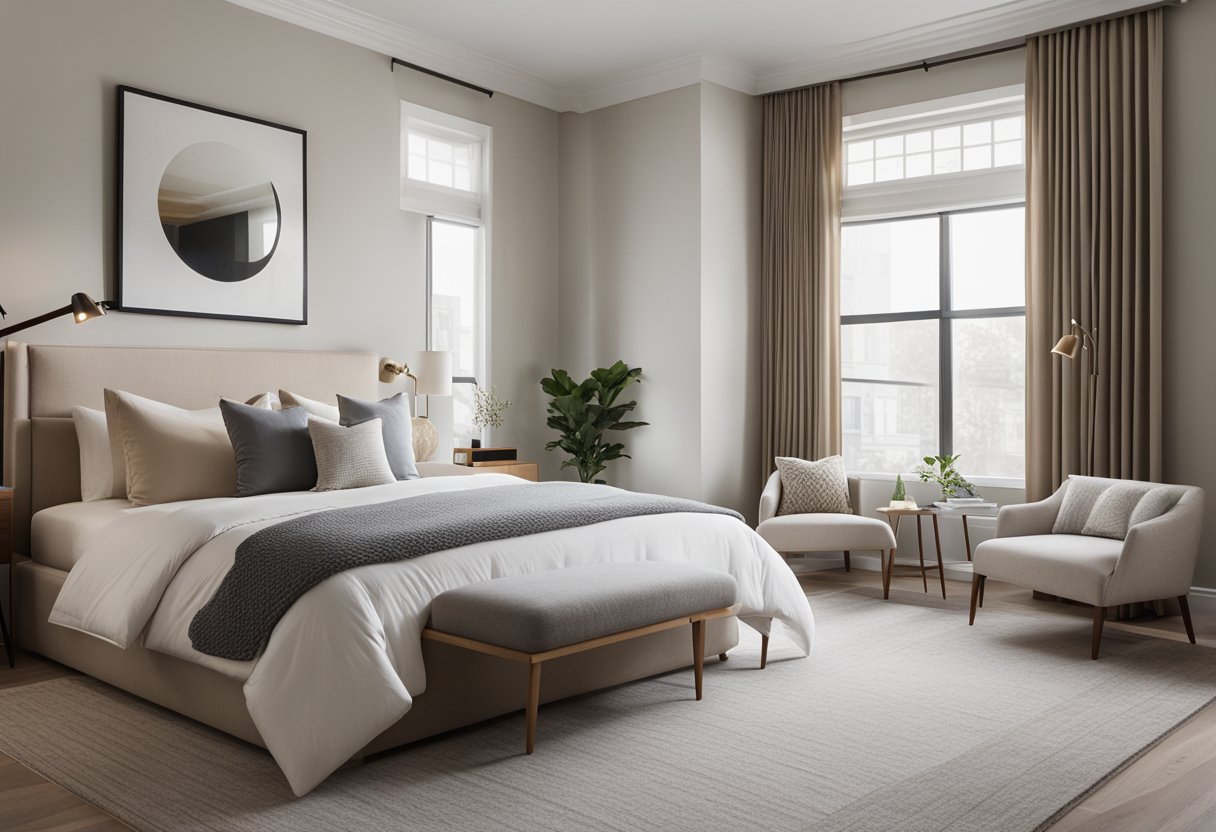 A spacious master bedroom with a cozy king-sized bed, soft lighting, and a minimalist color scheme. A large window lets in natural light, and a stylish accent chair sits in the corner
