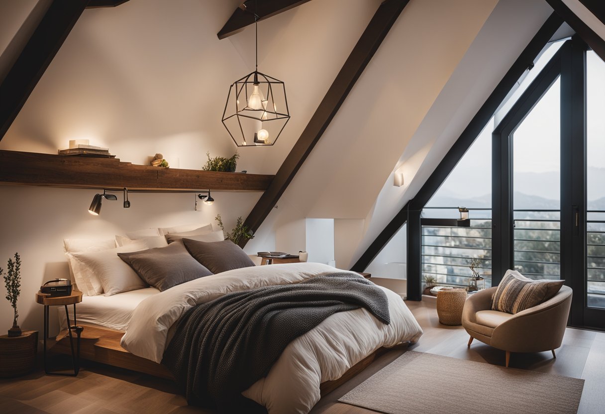 A cozy mezzanine bedroom with a sloped ceiling, a plush bed with soft bedding, a small reading nook with a comfortable chair and a side table, and warm ambient lighting from hanging pendant lamps