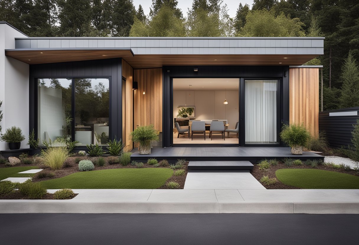 A sleek, minimalist 3-bedroom home with clean lines, large windows, and a flat roof. The exterior features a mix of wood and concrete materials, with a small front porch and a neatly landscaped yard