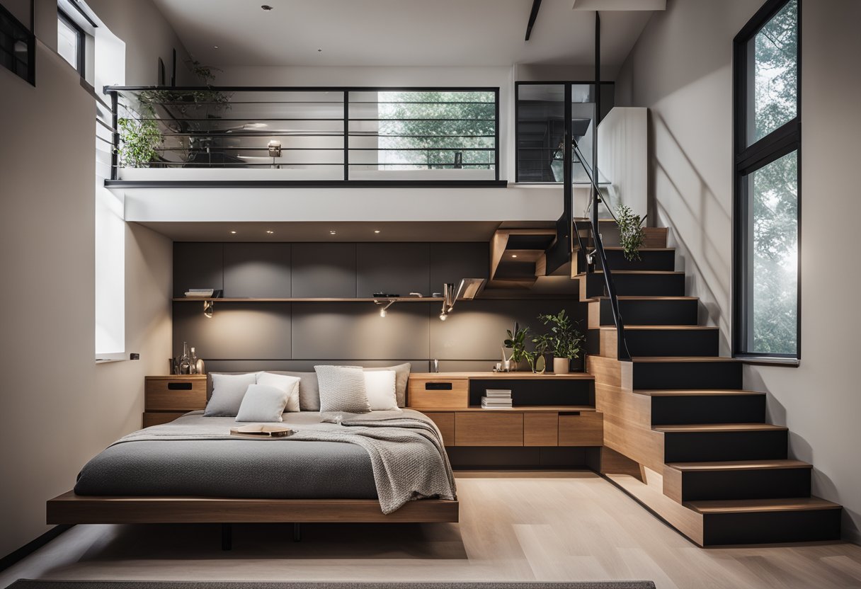 A cozy mezzanine bedroom with a minimalist design, featuring a raised platform bed with storage underneath, a sleek staircase leading up to the sleeping area, and large windows allowing natural light to fill the space