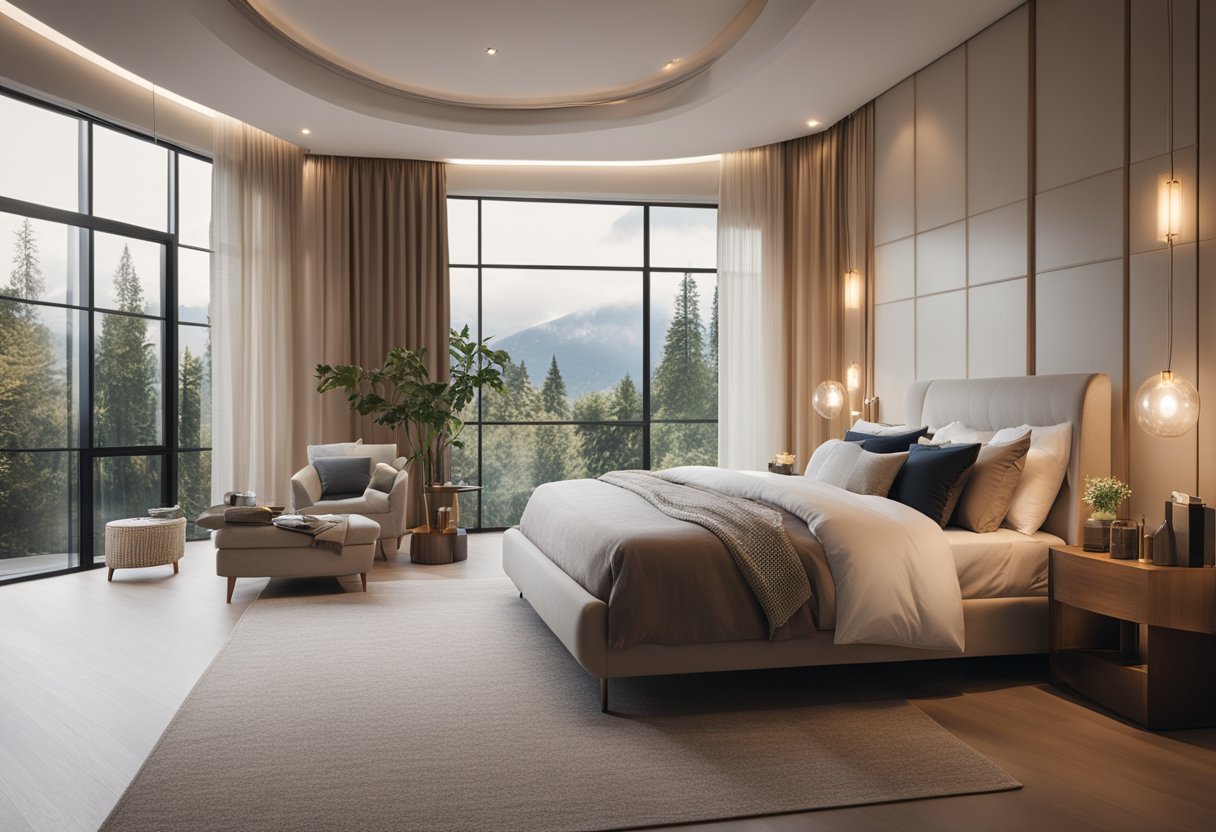 A spacious master bedroom with a king-sized bed centered under a large window. Soft, neutral tones and warm lighting create a cozy and inviting atmosphere