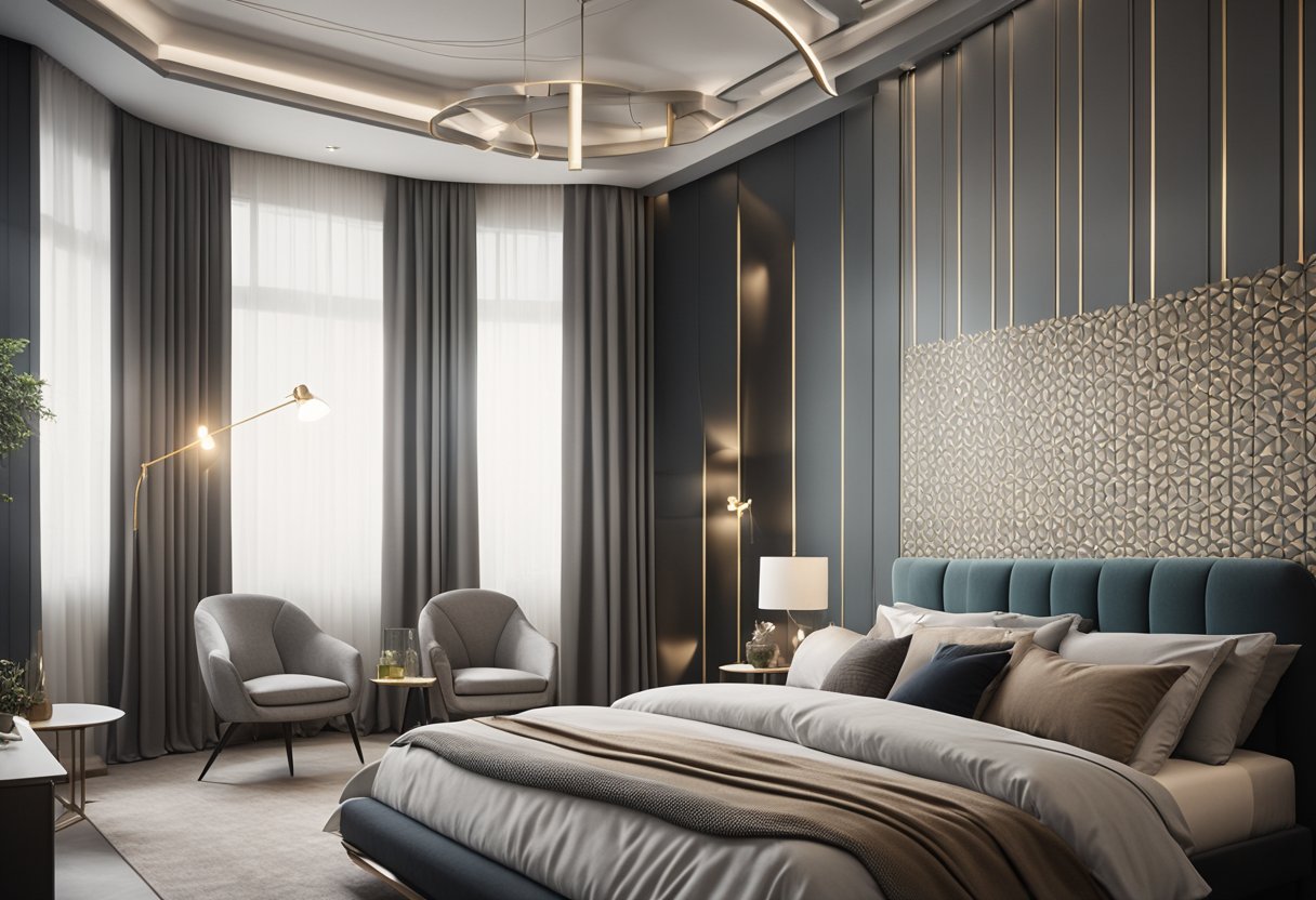 A modern bedroom with geometric wallpaper in muted tones, accented by metallic details and textured finishes