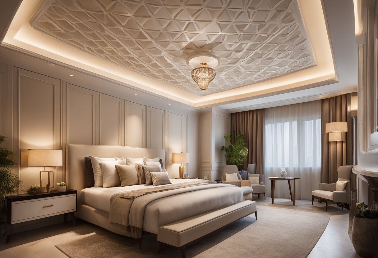 A bedroom with intricate gypsum ceiling designs, featuring elegant patterns and intricate details. The soft lighting creates a warm and inviting atmosphere, perfect for relaxation and comfort