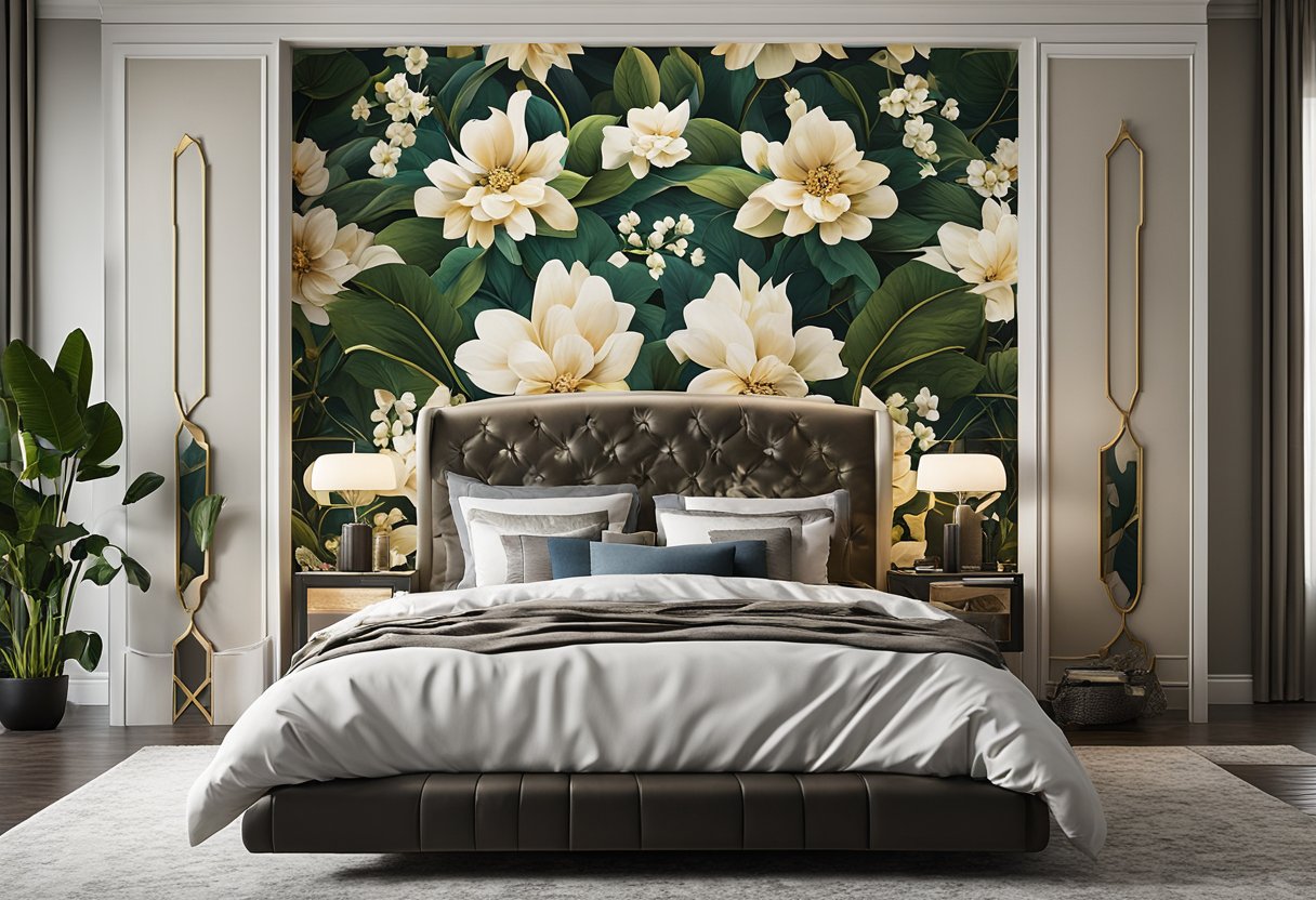 A bedroom with a feature wall adorned with various design elements, such as wallpaper, decals, or paint techniques. The wall serves as a focal point and adds visual interest to the room