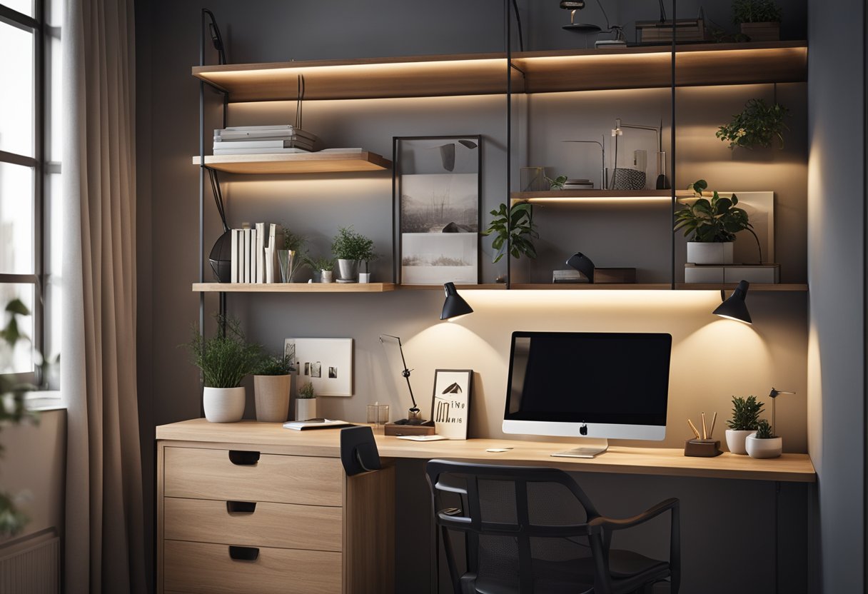 A cozy mezzanine bedroom with modern furniture, warm lighting, and personalized decor. A bookshelf lines the railing, while a small desk and chair create a functional workspace