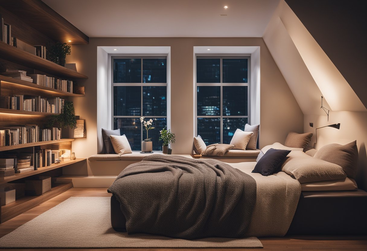 A cozy mezzanine bedroom with a built-in bookshelf, soft ambient lighting, and a comfortable reading nook with plush cushions and a warm throw blanket