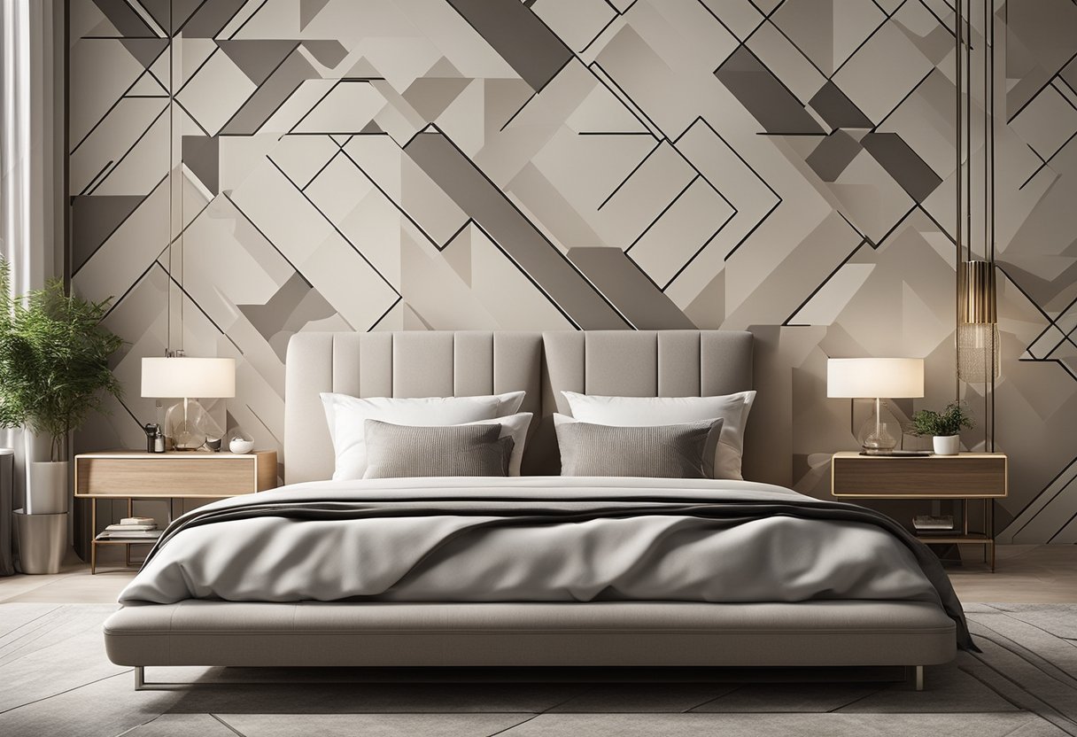 A spacious bedroom with sleek, geometric wallpaper in neutral tones. Clean lines and minimalistic patterns create a modern and sophisticated atmosphere