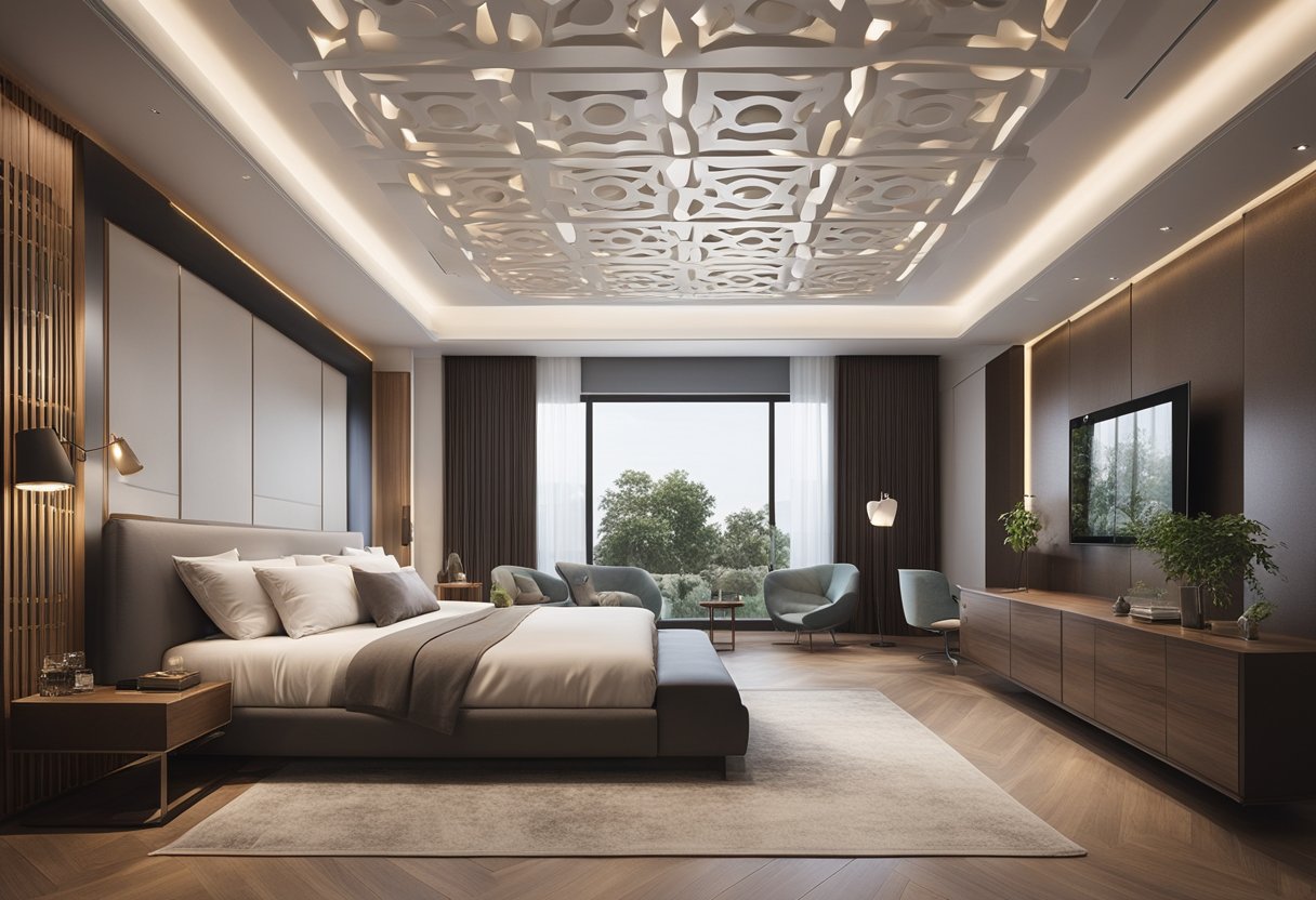 A modern bedroom with intricate gypsum ceiling designs, featuring geometric patterns and recessed lighting