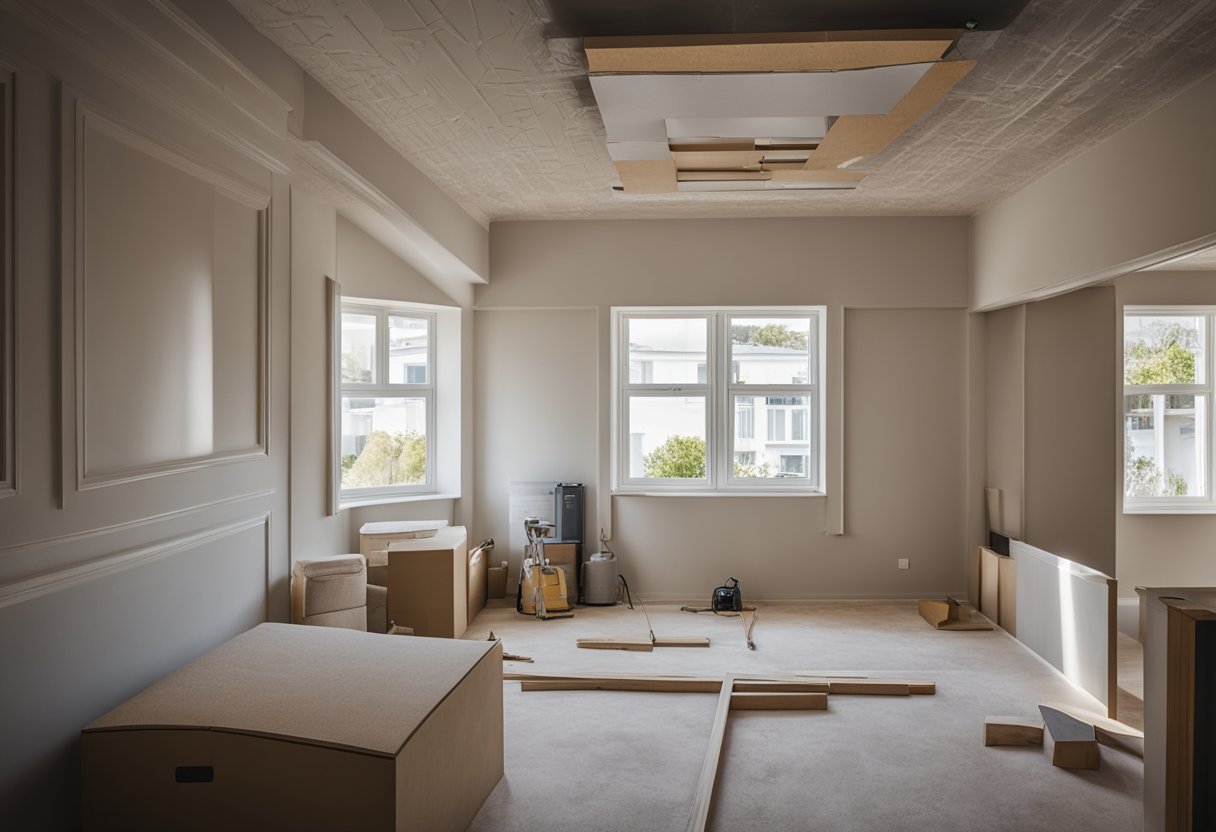 A bedroom with a gypsum ceiling being installed, showing the process of measuring, cutting, and fitting the gypsum boards into place