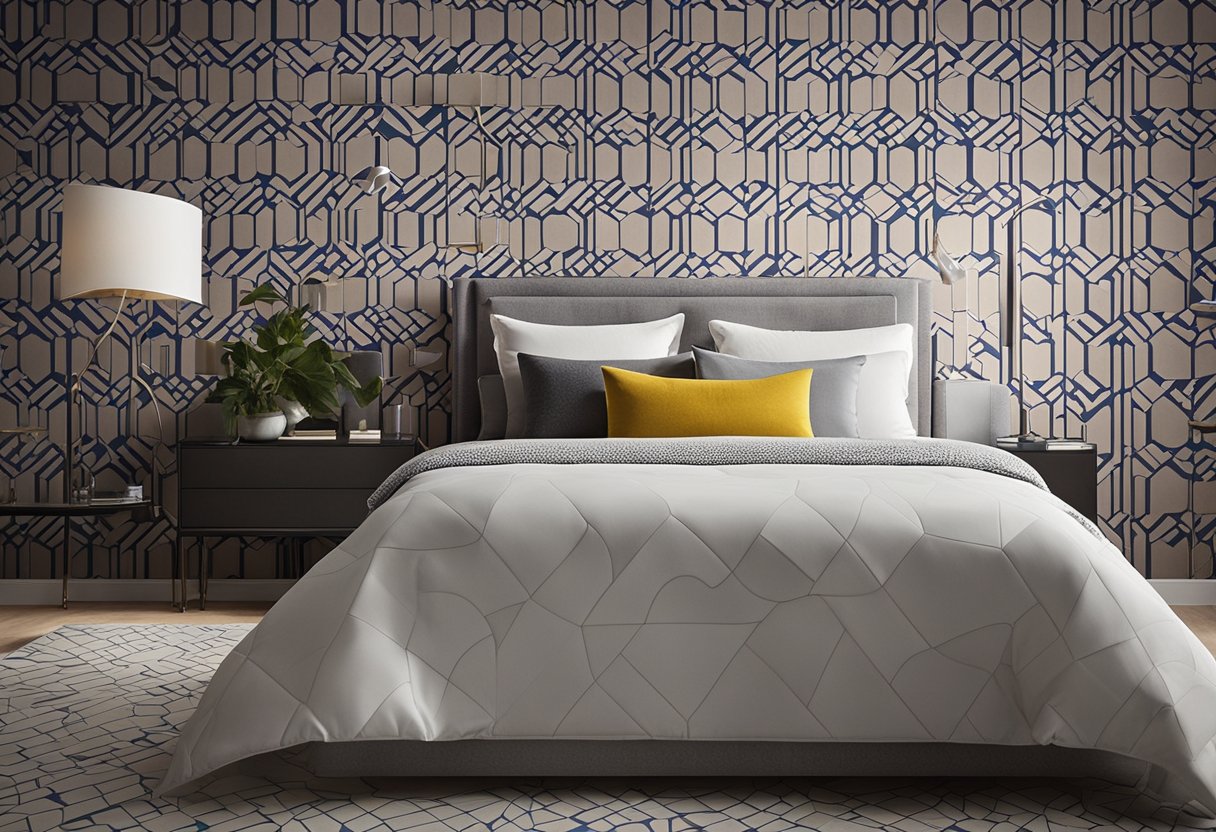 A bedroom with modern wallpaper designs, featuring geometric patterns and bold colors. The wallpaper covers the entire wall, creating a sleek and stylish atmosphere
