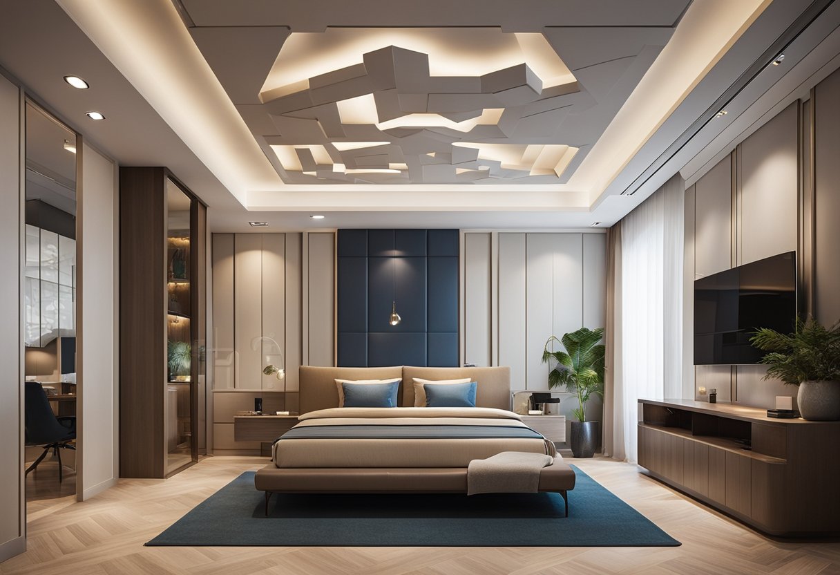 A bedroom with a modern fall ceiling design featuring recessed lighting and geometric patterns