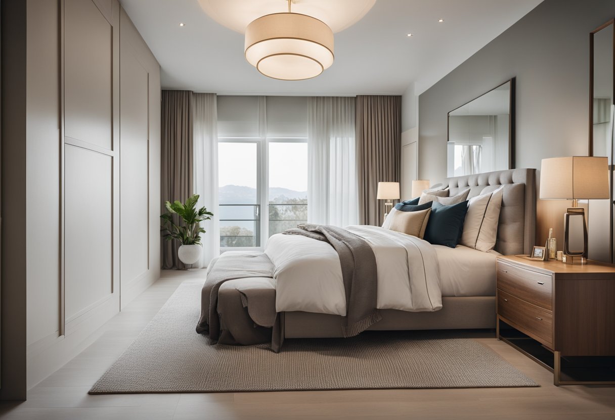 A spacious, well-lit master bedroom with modern furniture and a soothing color palette. A large, comfortable bed sits in the center, flanked by stylish bedside tables. A walk-in wardrobe and en-suite bathroom complete the luxurious space