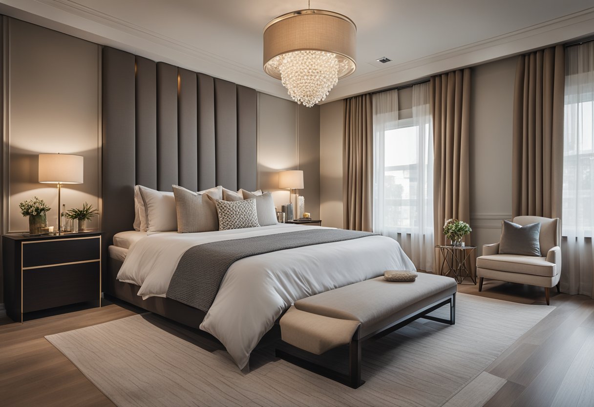 A spacious master bedroom with a king-sized bed, a cozy seating area, and a large window with sheer curtains. The room is adorned with modern decor and warm, neutral colors