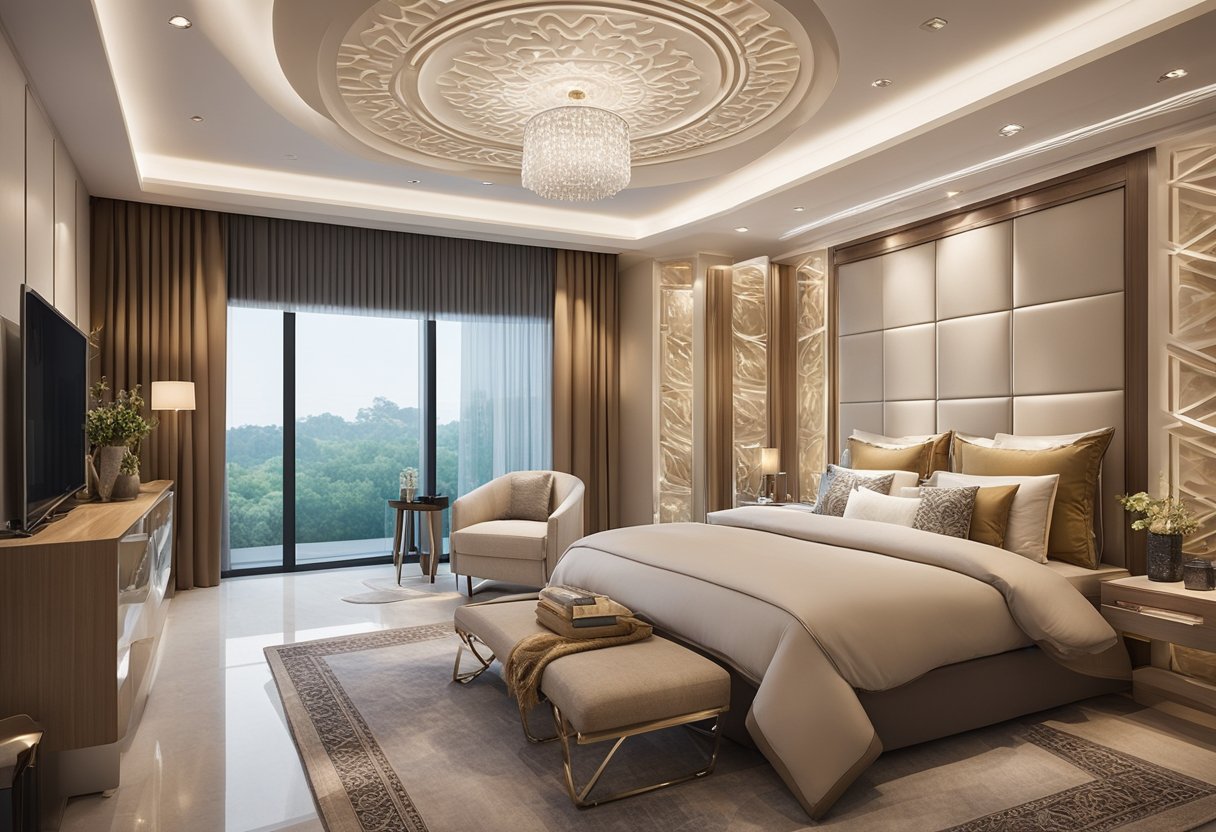 A bedroom with various gypsum ceiling designs, including intricate patterns and modern styles, creating a visually appealing and unique atmosphere