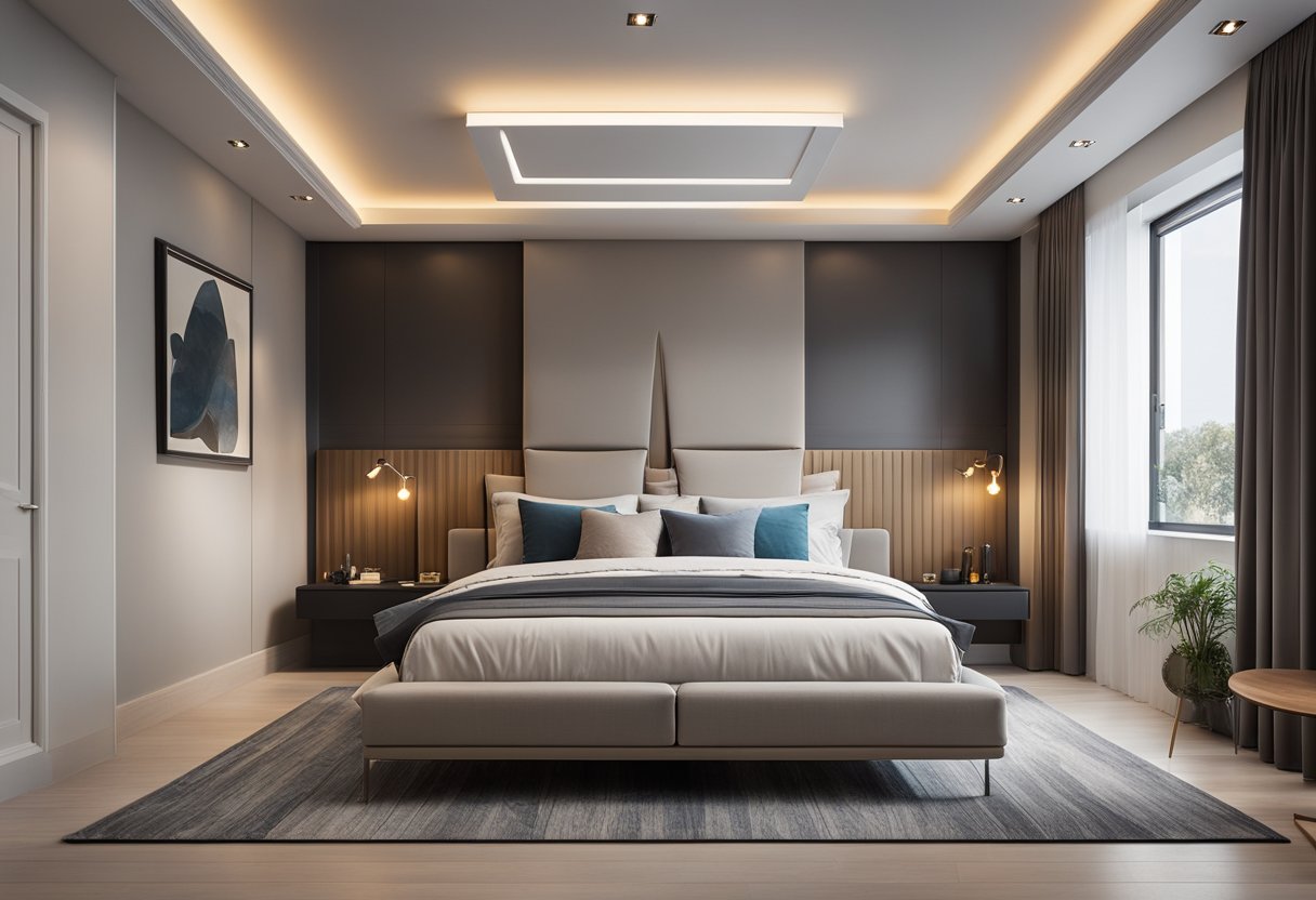 A modern bedroom with a sleek, geometric fall ceiling design featuring recessed lighting and subtle color accents