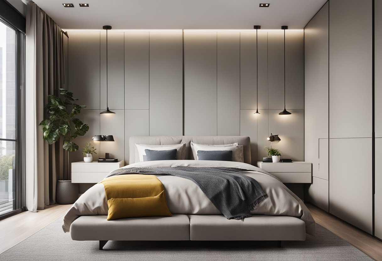 A sleek, minimalist bedroom with a built-in wardrobe, clean lines, and modern furniture. The color scheme is neutral with pops of color in the decor