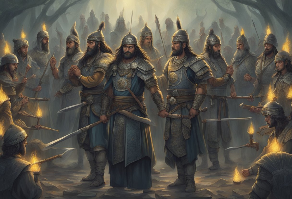 A group of warriors stand in a circle, holding weapons and reciting powerful prayers to punish stubborn witches. The atmosphere is intense and focused, with a sense of determination and spiritual strength