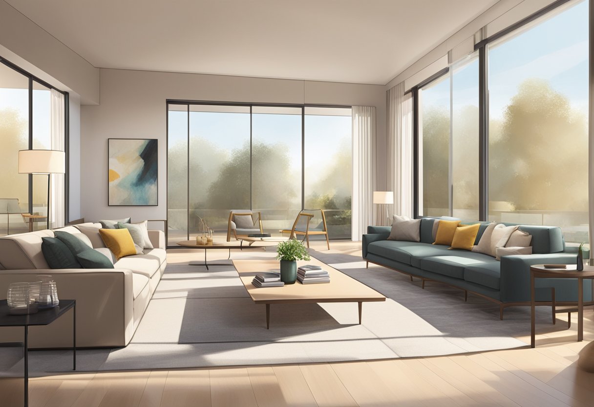 A modern living room with a neutral color palette, sleek furniture, and a large abstract painting on the wall. Natural light streams in through floor-to-ceiling windows, casting a warm glow on the room