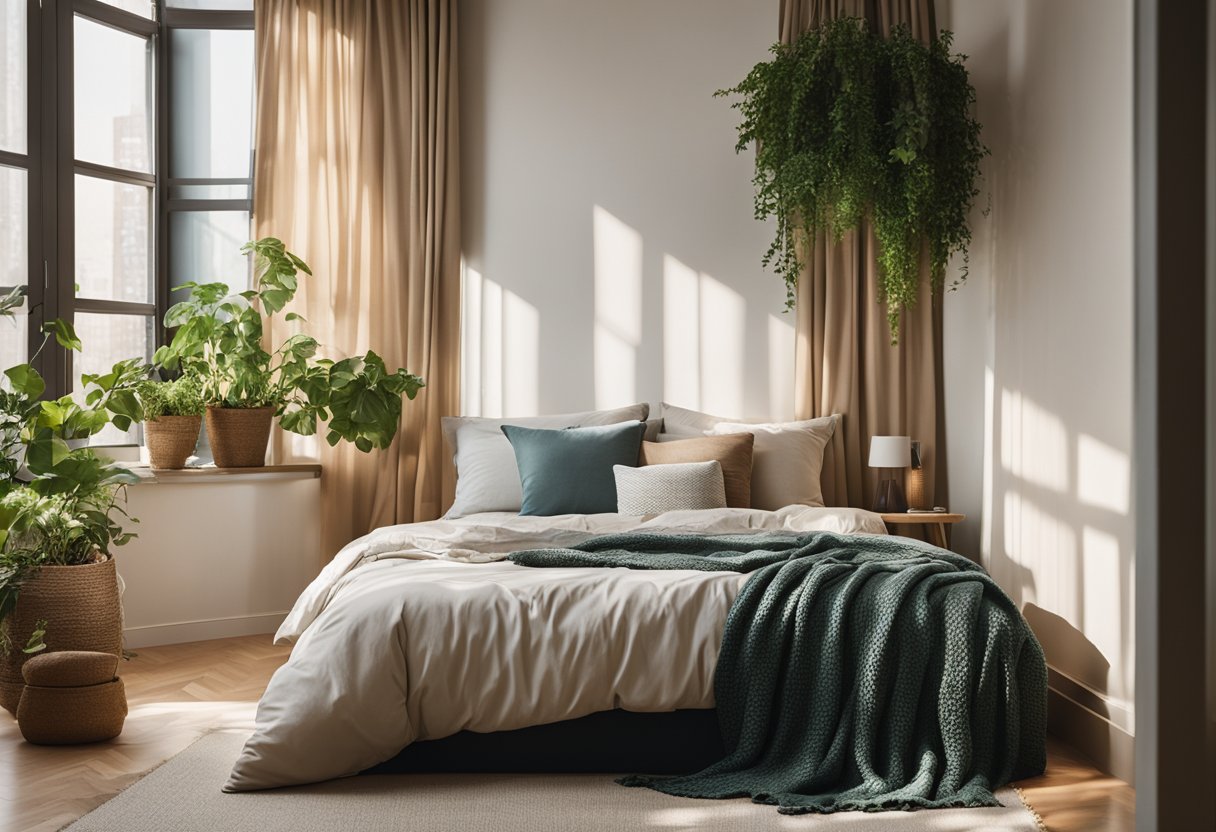 A cozy bedroom with a large window, allowing soft sunlight to filter in. The window is adorned with billowing curtains, and a small potted plant sits on the windowsill