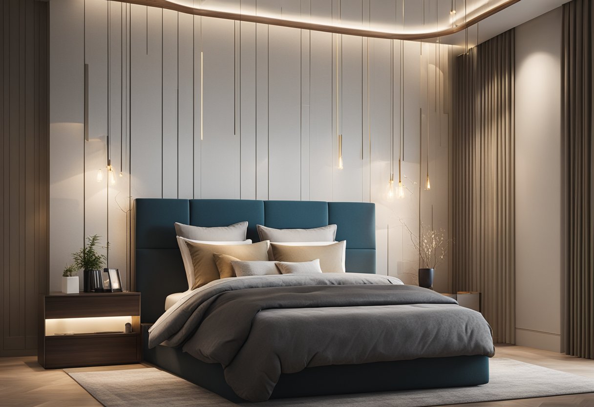 A bedroom with a modern, geometric fall ceiling design. Clean lines, subtle lighting, and a sense of depth