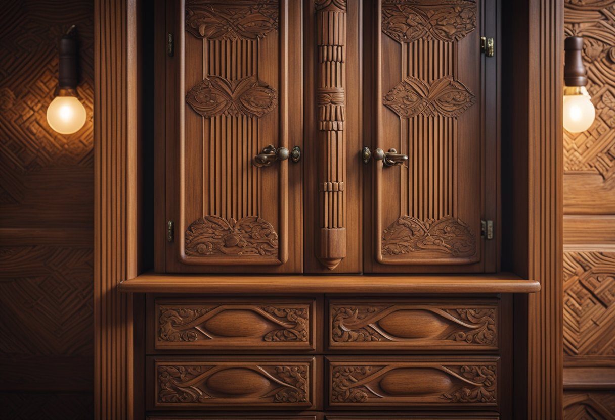 A wooden cupboard stands tall in a cozy bedroom, with intricate carvings and elegant handles. The warm, natural wood adds a touch of rustic charm to the room