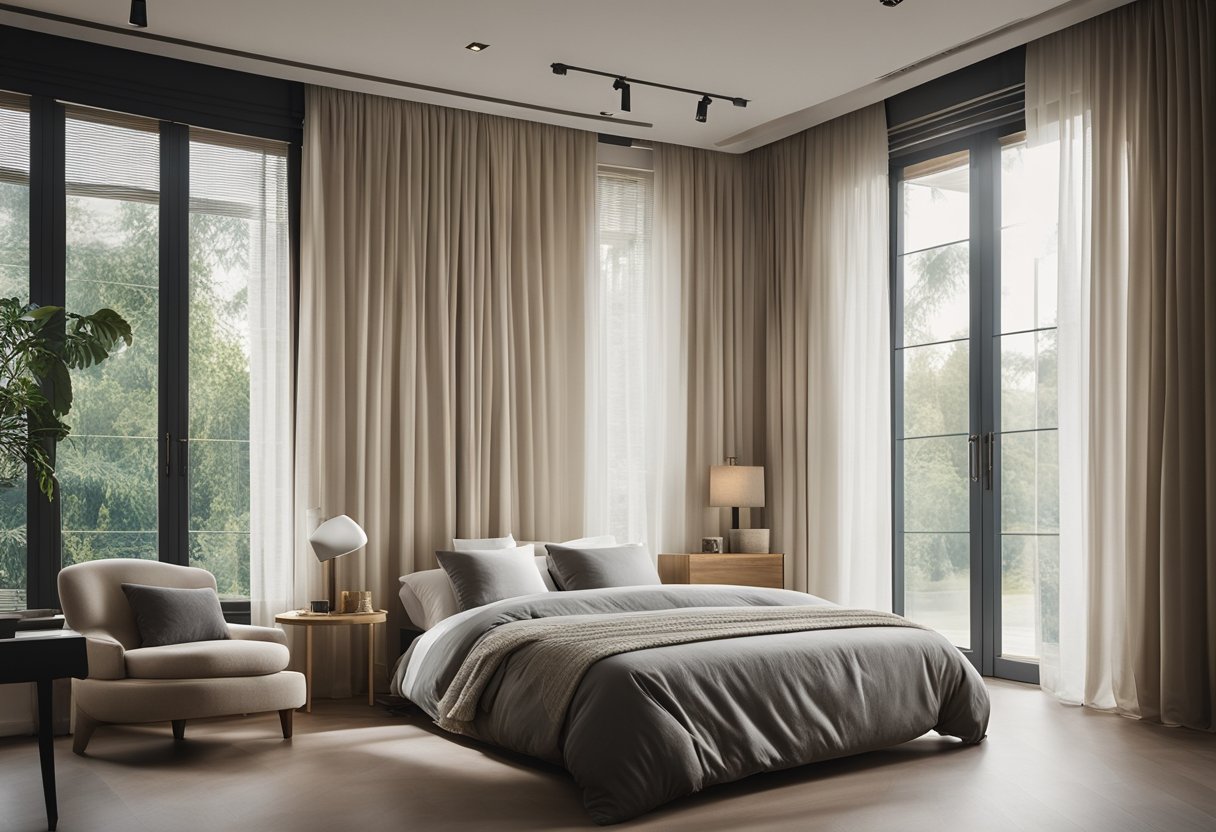 A bedroom with soft, natural light filtering through sheer curtains, creating a peaceful and private atmosphere