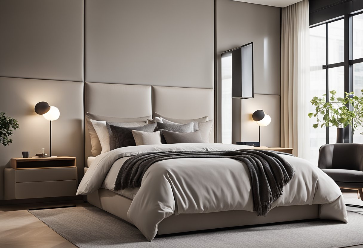 A modern bedroom with integrated wardrobe, clean lines, and neutral colors. The bed is positioned against the wall, with a sleek bedside table and lamp. A large mirror and minimalist artwork adorn the walls