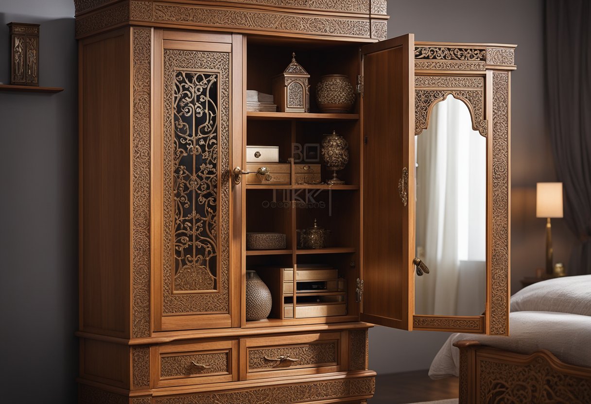 A wooden bedroom cupboard with intricate carvings and shelves, adorned with decorative handles and a mirrored door